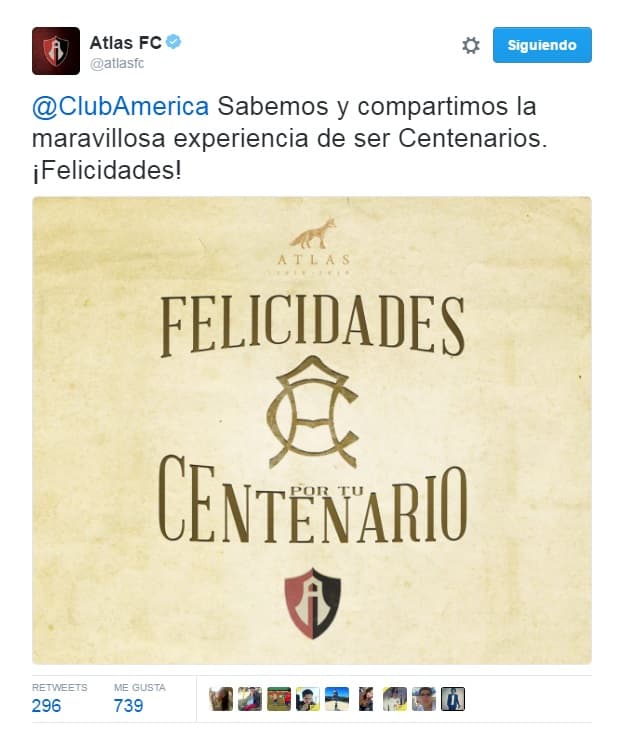 América cumple 100 años de existencia, por lo que diferentes equipos y personajes del medio futbolístico felicitaron a la institución. 
<br>Y��w�>|!��