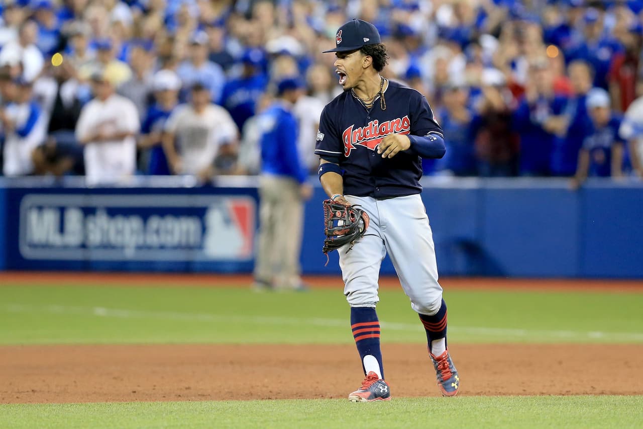 TORONTO, ON - OCTOBER 19: Francisco Lindor #12 of the Cleveland Indians celebrates after defeating the Toronto Blue Jays with a score of 3 to 0 in game five to win the American League Championship Series at Rogers Centre on October 19, 2016 in Toronto, Canada. (Photo by Vaughn Ridley/Getty Images)