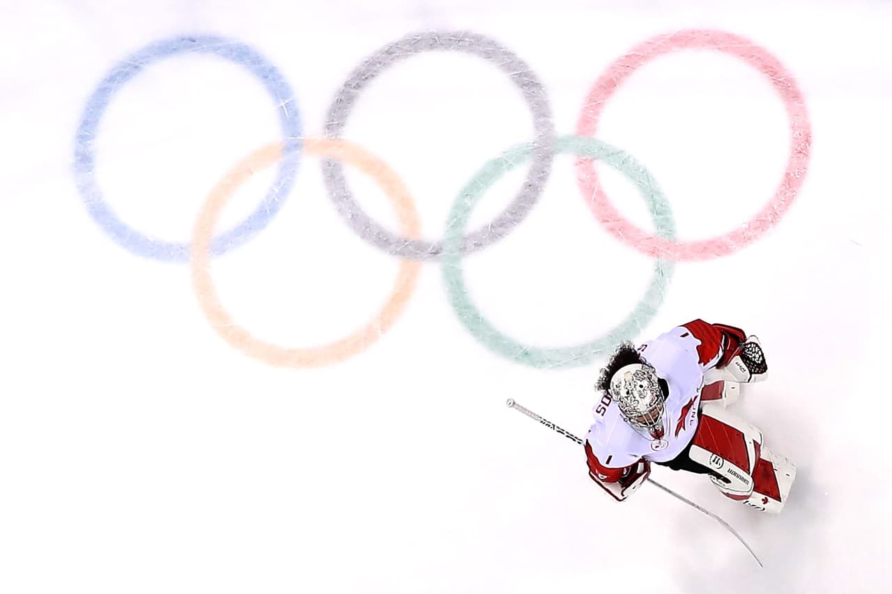 GANGNEUNG, SOUTH KOREA - FEBRUARY 22: Shannon Szabados #1 of Canada skates past the Olympic Rings in the first period against the United States during the Women's Gold Medal Game on day thirteen of the PyeongChang 2018 Winter Olympic Games at Gangneung Hockey Centre on February 22, 2018 in Gangneung, South Korea. (Photo by Bruce Bennett/Getty Images)