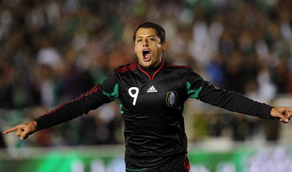 Mexico's Javier Hernandez celebrates after scoring a goal against New Zeland during a friendly international football match at the Rose Bowl stadium in Pasadena, California on March 3, 2010. AFP PHOTO / GABRIEL BOUYS (Photo credit should read GABRIEL BOUYS/AFP/Getty Images)