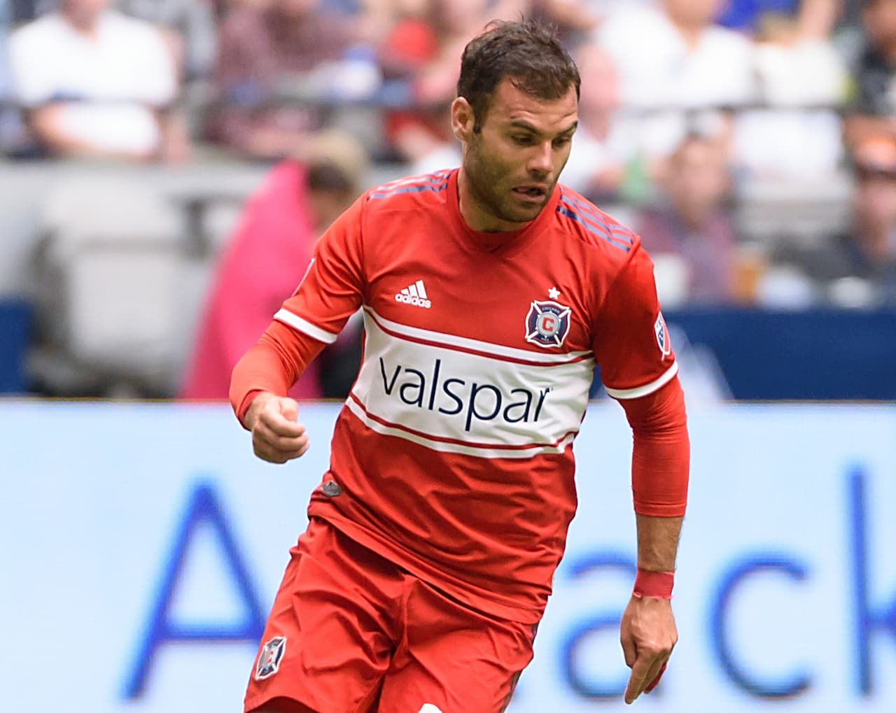 Jul 7, 2018; Vancouver, British Columbia, CAN; Chicago Fire forward Nemanja Nikolic (23) controls the ball against the Vancouver Whitecaps during the first half at BC Place. Mandatory Credit: Anne-Marie Sorvin-USA TODAY Sports