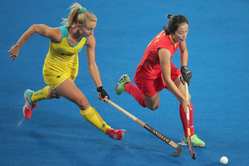 Acciones del Mundial de Hockey sobre pasto femenil en Changzhou, China.