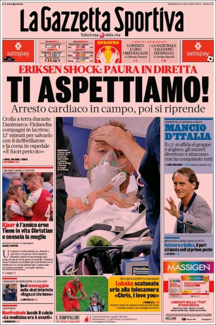 Estas fueron las portadas de la prensa tras el accidente del futbolista Christian Eriksen durante el partido Dinamarca-Finlandia en la Euro 2020.