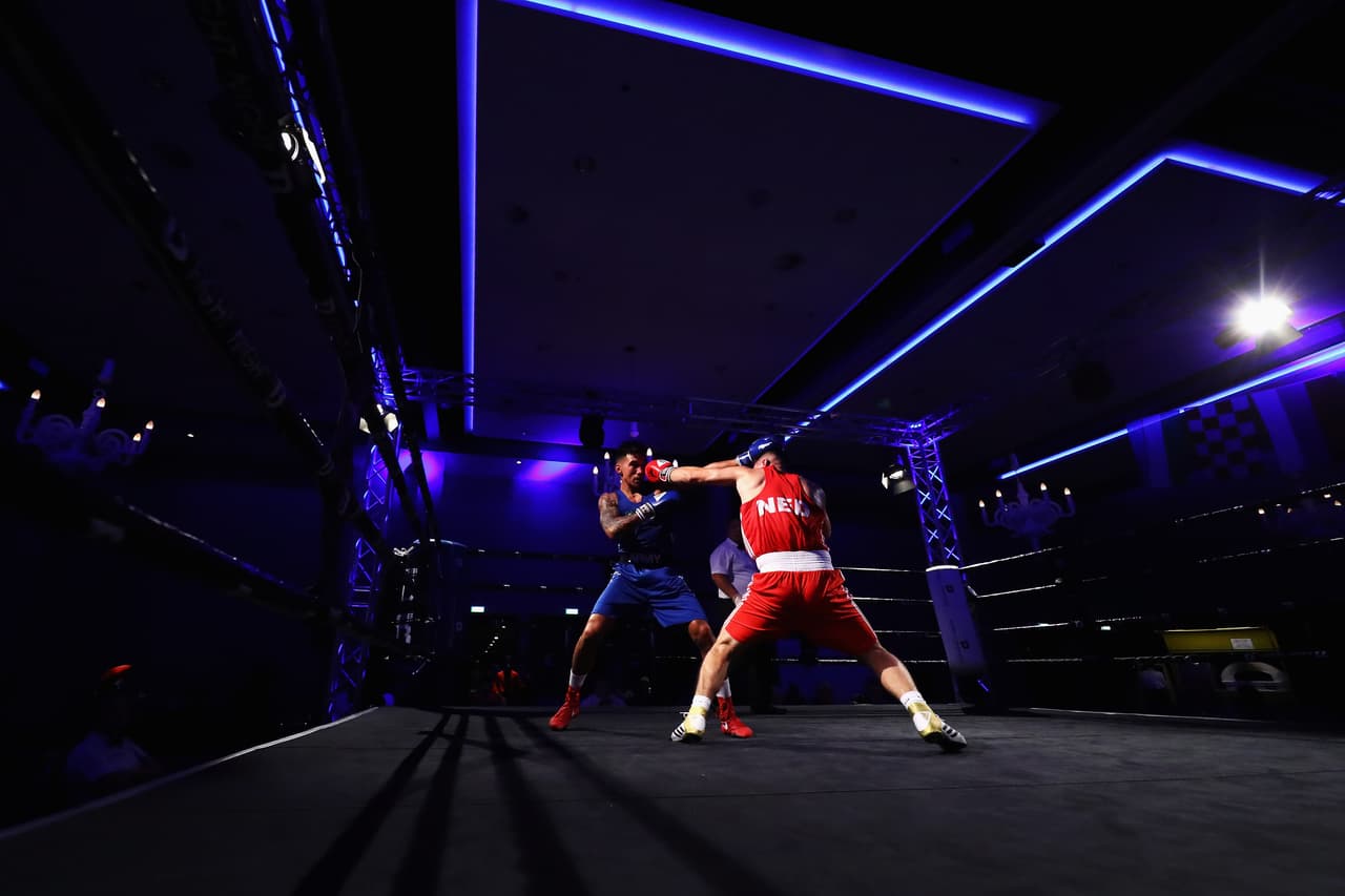 EINDHOVEN, NETHERLANDS - OCTOBER 12: Artjom Kasparian of Nederlandse Boksbond (R) fights with John Marvin of British Army Boxing Team and England during the Eindhoven Box Cup held in Hotel Van der Valk on October 12, 2018 in Eindhoven, Netherlands. The Netherlands largest Olympic Boxing event is organised by the Noble Art of Boxing Foundation, under supervision of the Dutch Boxing Association and AIBA. (Photo by Dean Mouhtaropoulos/Getty Images)