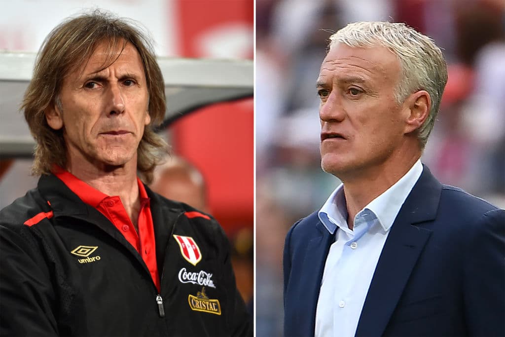 El técnico de la selección peruana, el argentino Ricardo Gareca, frustrado porque el equipo no marcó gol ante Dinamarca. Y a la derecha, el cerebro francés, el otrora capitán galo, Didier Deschamps.