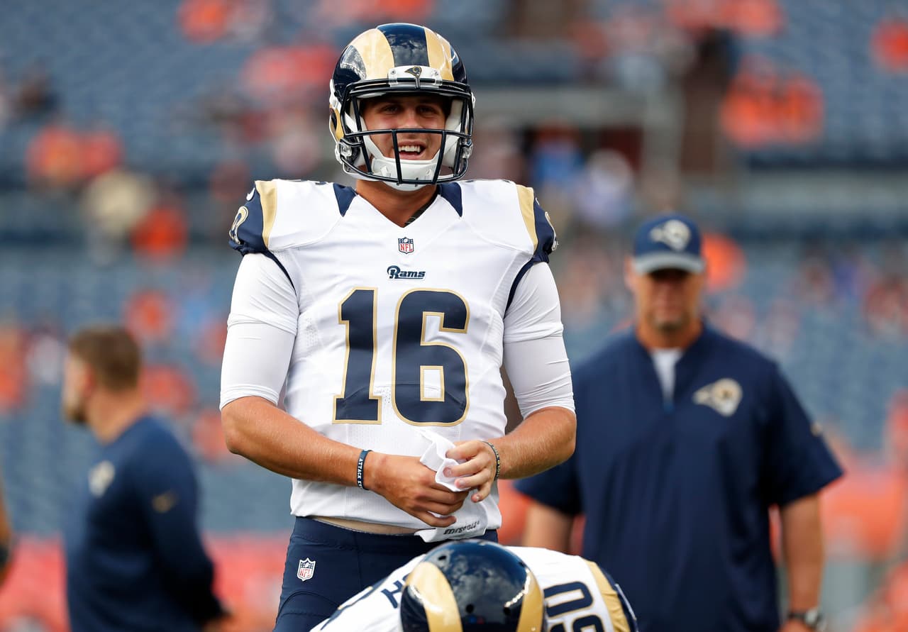 Los Angeles Rams quarterback Jared Goff (16) warms up during an NFL preseason game against the Denver Broncos on Saturday, August 27, 2016, in Denver, Co. The Broncos won the game, 17-9. (Greg Trott via AP)