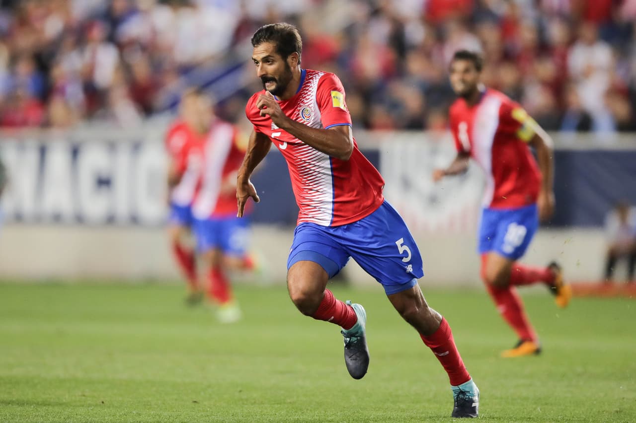 Sep 1, 2017; Harrison, NJ, USA; Costa Rica midfielder Celso Borges (5) in action against USA during the second half of the FIFA World Cup Qualifier at Red Bull Arena. Mandatory Credit: Vincent Carchietta-USA TODAY Sports