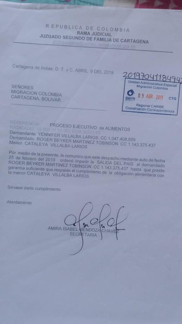 Esta es la misiva que se le envió a Migración de colombia para impedir la salida del jugador.