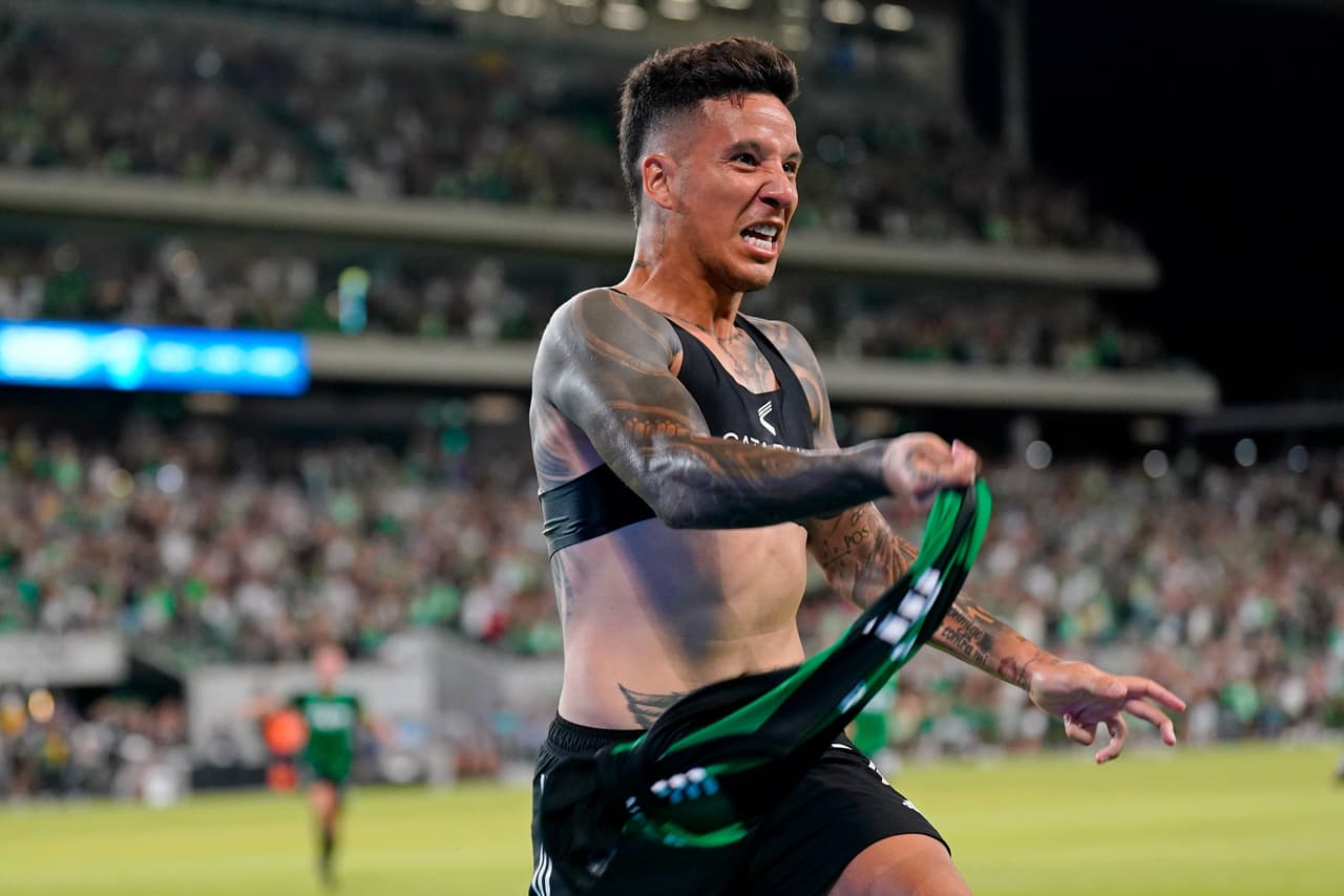 Aug 13, 2022; Austin, Texas, USA; Austin FC forward Sebastian Driussi (7) celebrates after scoring a goal against Sporting Kansas City during the second half at Q2 Stadium. Mandatory Credit: Scott Wachter-USA TODAY Sports