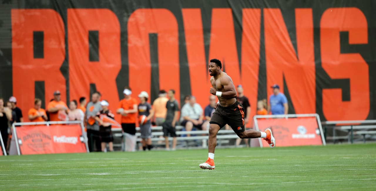 Cleveland Browns defensive end Myles Garrett runs sprints during practice at the NFL football team's training camp facility, Friday, July 28, 2017, in Berea, Ohio. (AP Photo/Tony Dejak)