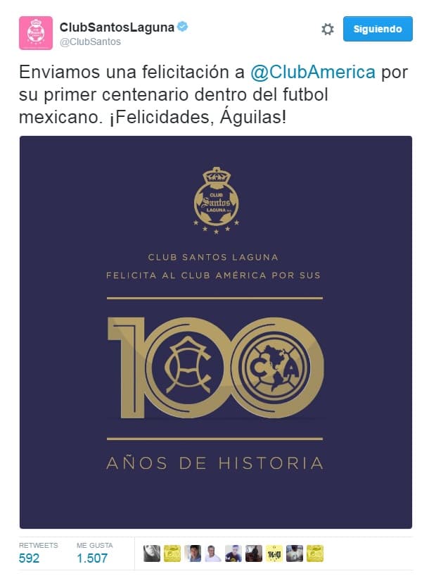 América cumple 100 años de existencia, por lo que diferentes equipos y personajes del medio futbolístico felicitaron a la institución. 
<br>