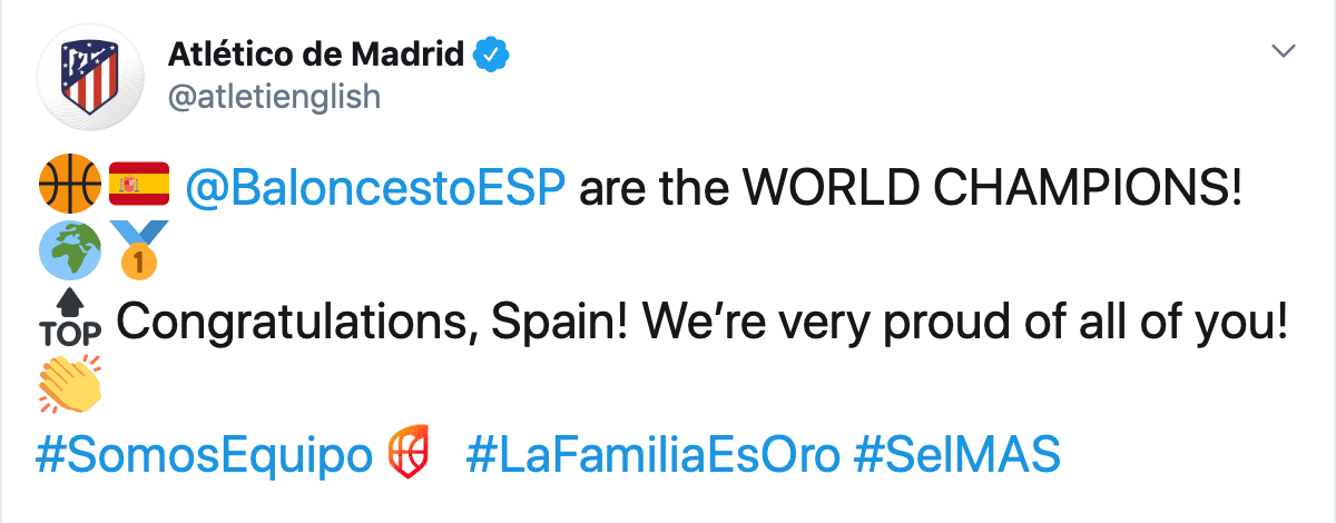 El Atlético de Madrid felicita a sus compatriotas campeones.