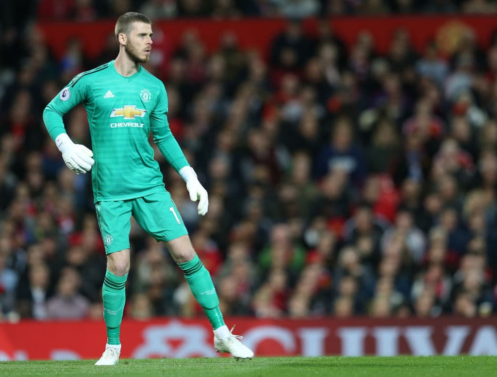 MANCHESTER, ENGLAND - APRIL 24: David de Gea of Manchester United in action during the Premier League match between Manchester United and Manchester City at Old Trafford on April 24, 2019 in Manchester, United Kingdom. (Photo by John Peters/Man Utd via Getty Images)