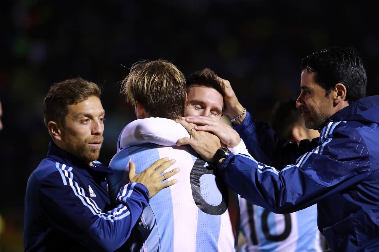 QUITO, ECUADOR - OCTOBER 10: Lionel Messi of Argentina celebrates with teammates after scoring the third goal of his team during a match between Ecuador and Argentina as part of FIFA 2018 World Cup Qualifiers at Olimpico Atahualpa Stadium on October 10, 2017 in Quito, Ecuador. (Photo by Hector Vivas/Getty Images)