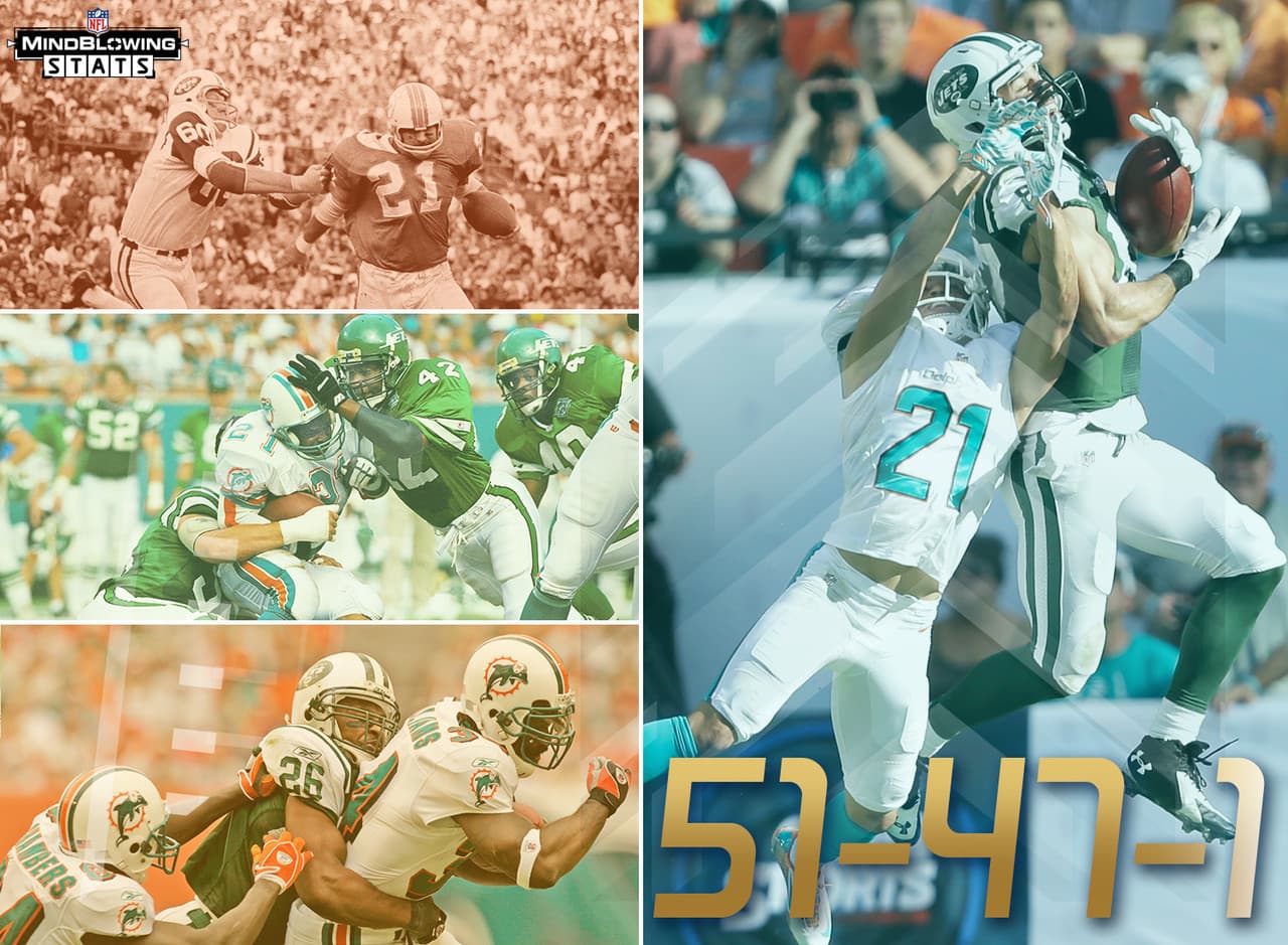 3.- Edición #100.- El Domingo en Londres marcará el enfrentamiento 100 de todos los tiempos entre Jets y Dolphins (incluyendo postemporada). Los Jets lideran la serie 51-47-1. Ningún equipo que ha perdido en Londres ha finalizado la temporada con una marca ganadora (Foto: NFL.com Illustration).