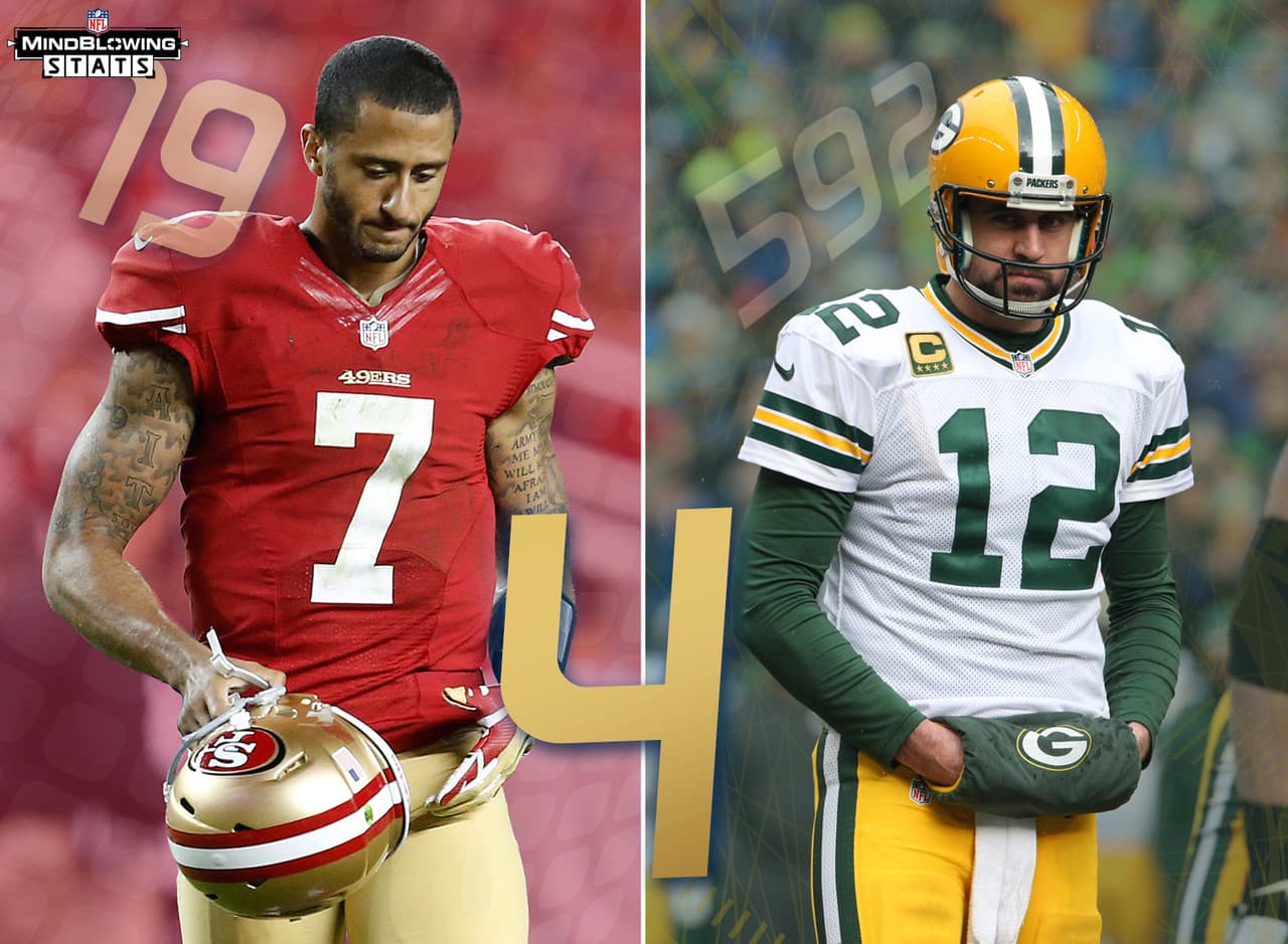 4.- Péridas de balón.- Colin Kaepernick lanzó cuatro intercepciones en 19 pases intentados ante los Cardinals. Por el otro lado, Aaron Rodgers ha lanzado cuatro intercepciones en sus últimos 592 intentos de pases. Rodgers es el primer quarterback en la historia en lanzar 10 o más pases de touchdown sin intercepciones en los primeros tres juegos de una temporada (Foto: NFL.com Illustration).