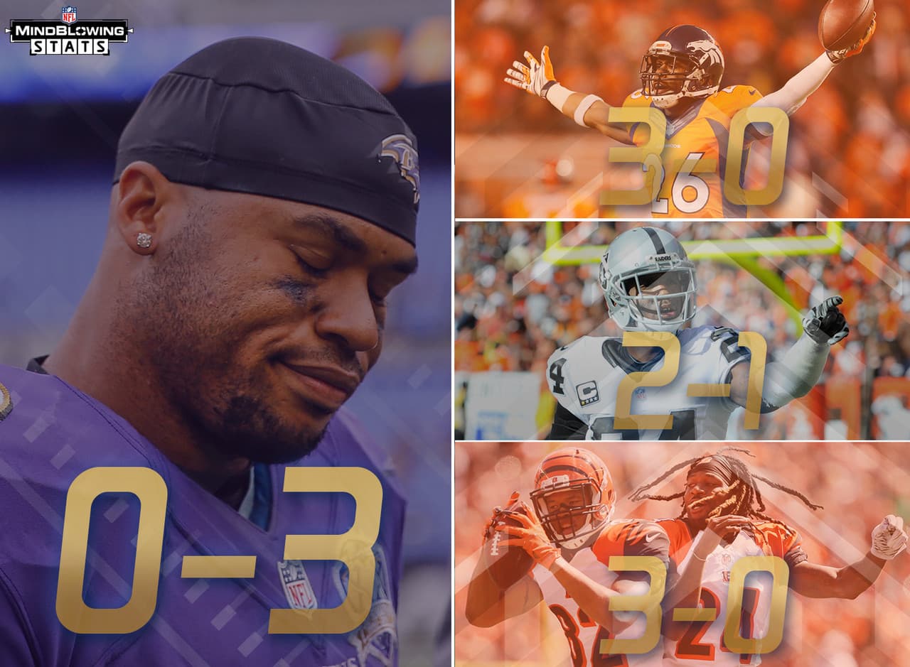 9.- Los Ravens con vuelo bajo.- Los Ravens han empezado la campaña 0-3 por primera vez en su historia. Antes de esta temporada, ellos eran el único equipo en la NFL que nunca había iniciado 0-3. Sin embargo, quizás no deberíamos aún descartarlos. Los tres equipos con los que han perdido tienen una marca combinado de 8-1 (DEN, OAK and CIN)(Foto: NFL.com Illustration).