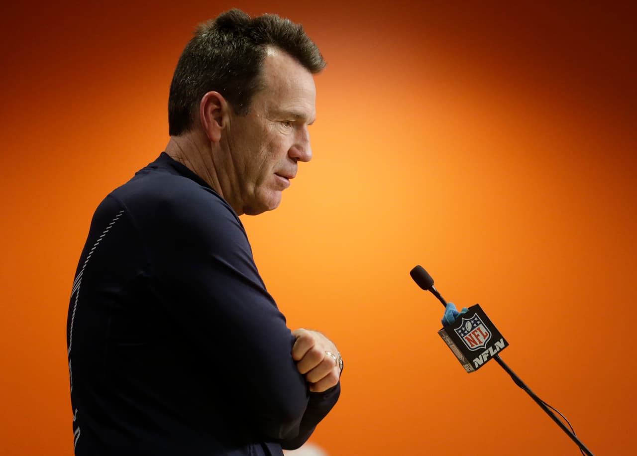 Denver Broncos head coach Gary Kubiak talks to reporters after an NFL football game against the Oakland Raiders, Sunday, Jan. 1, 2017, in Denver. The Broncos beat the Raiders 24-6. (AP Photo/Jack Dempsey)