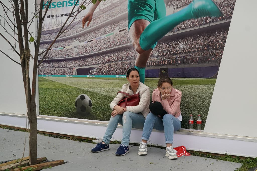 MOSCOW, RUSSIA - JUNE 14: Football fans from across the globe gather at the official FIFA Fan Fest at Moscow State University to watch the first World Cup game between Russia and Saudi Arabia on June 14, 2018 in Moscow, Russia. FIFA expects more than three billion viewers of the World Cup competition which begins today. (Photo by Christopher Furlong/Getty Images)