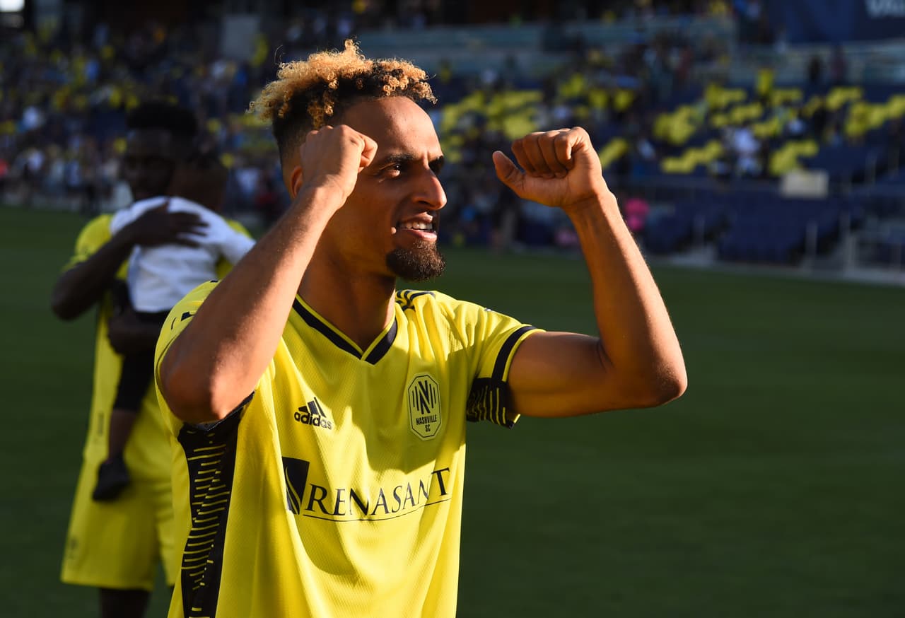 May 8, 2022; Nashville, Tennessee, USA; Nashville SC midfielder Hany Mukhtar (10) celebrates after a win against the Real Salt Lake at Geodis Park. Mandatory Credit: Christopher Hanewinckel-USA TODAY Sports
