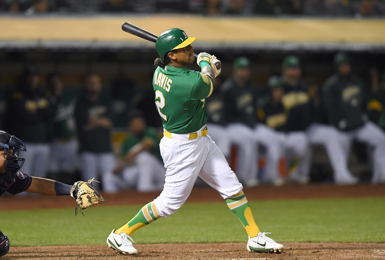 OAKLAND, CA - SEPTEMBER 21: Khris Davis #2 of the Oakland Athletics swings and watches the flight of his ball as he hits a walk-off solo home run to defeat the Minnesota Twins 7-6 in extra innings at Oakland Alameda Coliseum on September 21, 2018 in Oakland, California. (Photo by Thearon W. Henderson/Getty Images)