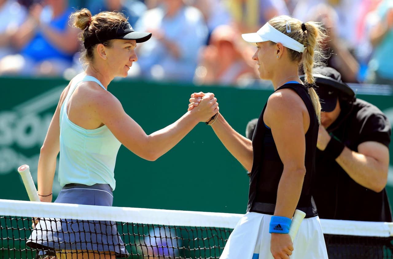 La alemana 
<b>Angelique Kerber </b>festeja tras vencer a la rumana Simona Halep en los cuartos de final del torneo de Eastbourne, el jueves 27 de junio de 2019, en Eastbourne, Inglaterra.