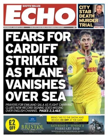 <b>Echo (Gales) -</b> "Miedo por el delantero de Cardiff tras la desaparición del avión en el mar"