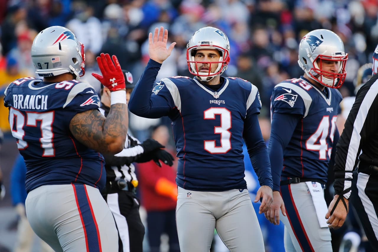 Stephen Gostkowski #3 of the New England Patriots reacts after making a field goal during the second quarter against the Los Angeles Rams at Gillette Stadium on December 4, 2016 in Foxboro, Massachusetts.