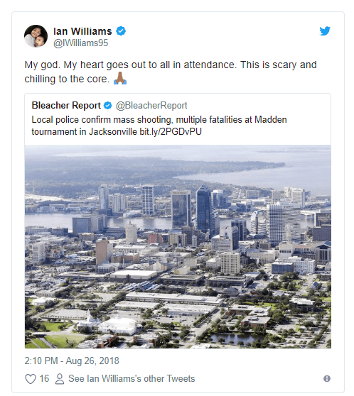 "Dios mío. Mi corazón está con todos aquellos quienes estaban en el lugar. Esto es aterrador y me estremece hasta la médula". El mensaje de Ian Williams, tacle defensivo de los San Francisco 49ers.