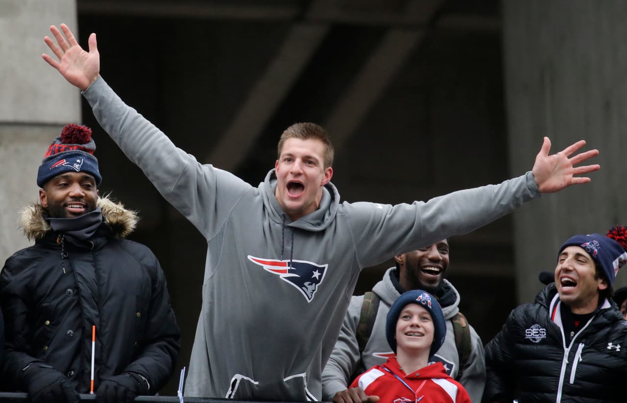 New England Patriots tight end Rob Gronkowski yells to the crowd during a rally Tuesday, Feb. 7, 2017, in Boston to celebrate Sunday's 34-28 win over the Atlanta Falcons in the NFL Super Bowl 51 football game in Houston. (AP Photo/Elise Amendola)