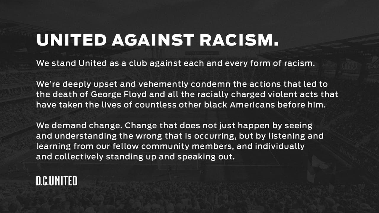 <b>DC United está unido y en contra del racismo</b>
<br>El equipo publicó este comunicado en su cuenta de Twitter, con un mensaje contundente se manifiestan por el asesinado de George Floyd en los Estados Unidos.