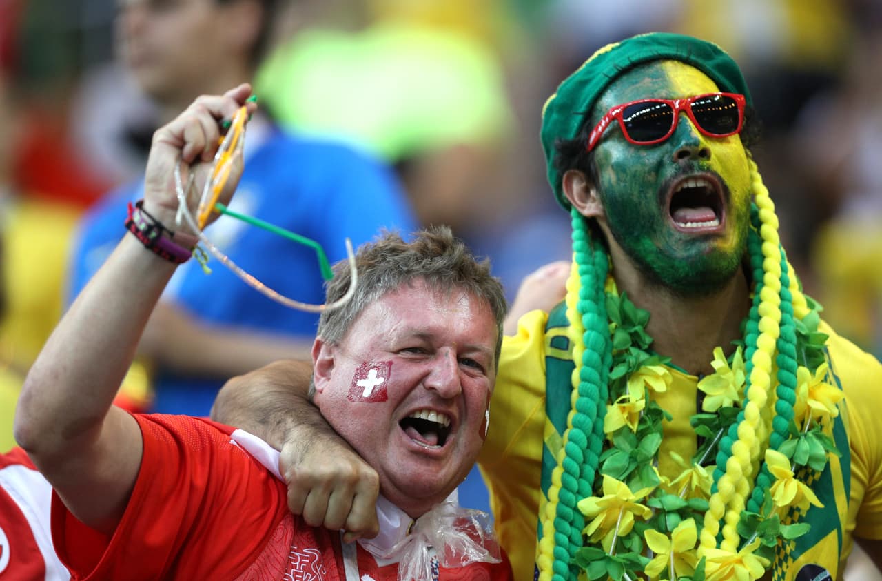 ROSTOV-ON-DON, RUSSIA - JUNE 17: Brazil and Switzerland fans enjoy the pre match atmosphere prior to the 2018 FIFA World Cup Russia group E match between Brazil and Switzerland at Rostov Arena on June 17, 2018 in Rostov-on-Don, Russia. (Photo by Buda Mendes/Getty Images)