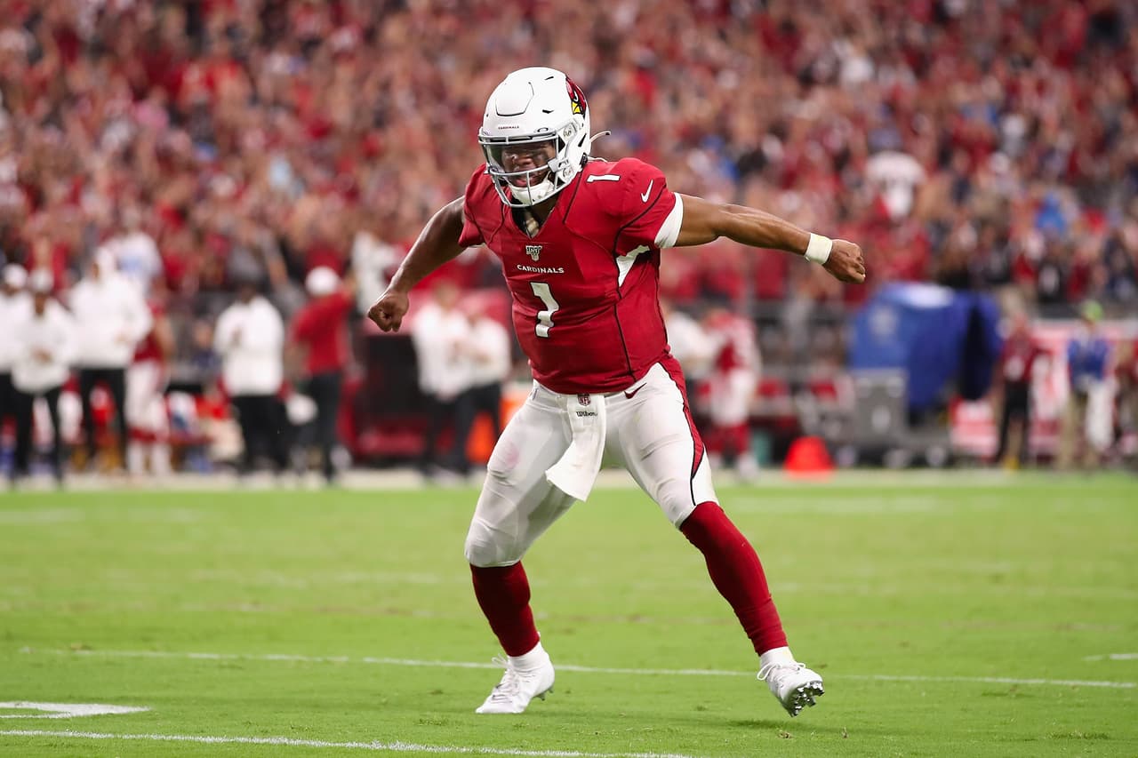 GLENDALE, ARIZONA - SEPTEMBER 08: Quarterback Kyler Murray #1 of the Arizona Cardinals celebrates after converting a two-point conversion against the Detroit Lions during the final moments of the second half of the NFL game at State Farm Stadium on September 08, 2019 in Glendale, Arizona. The Lions and Cardinals tied 27-27. (Photo by Christian Petersen/Getty Images)