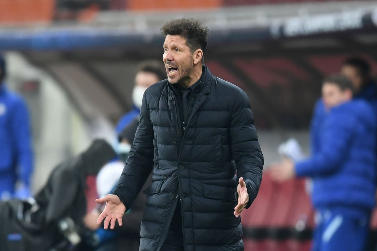Atletico Madrid's Argentine coach Diego Simeone reacts during the UEFA Champions League round of 16 first leg football match between Club Atletico de Madrid and Chelsea at the Arena Nationala stadium in Bucharest on February 23, 2021. (Photo by Daniel MIHAILESCU / AFP) (Photo by DANIEL MIHAILESCU/AFP via Getty Images)