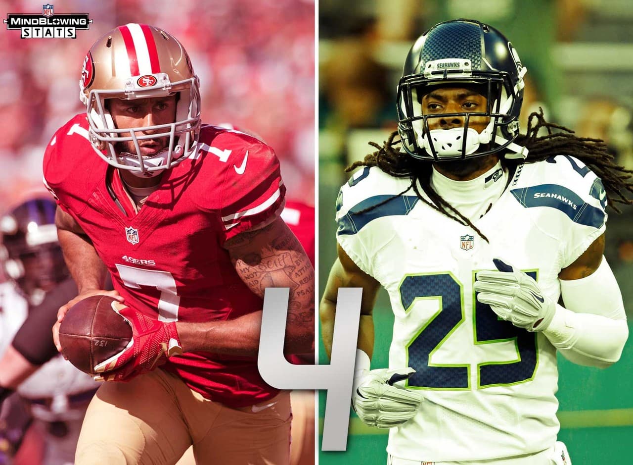 4.- Kaepernick vs. Sherman.- Gran parte de los problemas que Colin Kaepernick ha tenido ante los Seahawks pueden ser atribuidos a Richard Sherman. Cuando ha lanzado a la dirección de Sherman, Kaepernick no ha tenido pases de touchdown y acumula seis intercepciones (Sherman tiene cuatro de esas intercepciones) durante su carrera.