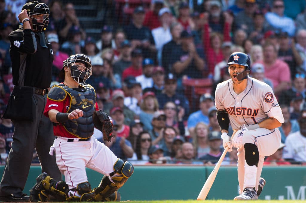 BOSTON, MA - MAY 19: Carlos Correa #1 of the Houston Astros reacts after striking out in the eighth inning against the Boston Red Sox at Fenway Park on May 19, 2019 in Boston, Massachusetts. (Photo by Kathryn Riley/Getty Images)
