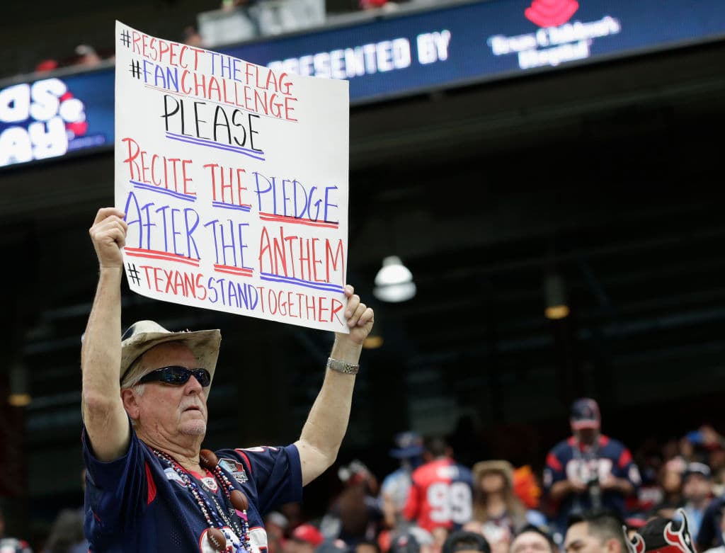 HOUSTON, TX - OCTOBER 01: Houston Texans fans hold signs before the game against the Tennessee Titans at NRG Stadium on October 1, 2017 in Houston, Texas. (Photo by Tim Warner/Getty Images)