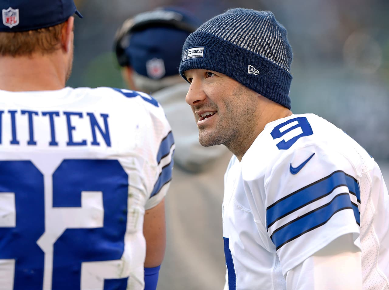Dallas Cowboys quarterback Tony Romo (9) talks on the sideline to tight end Jason Witten (82) during a 2016 NFL week 17 regular season game against the Philadelphia Eagles, Sunday, Jan. 1, 2017 in Philadelphia, Penn. The Eagles defeated the Cowboys, 27-13. (James D. Smith via AP)