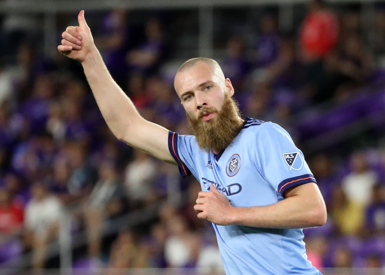 Jul 26, 2018; Orlando, FL, USA; New York City FC forward Jo Inge Berget (9) during the second half at Orlando City Stadium. Mandatory Credit: Kim Klement-USA TODAY Sports