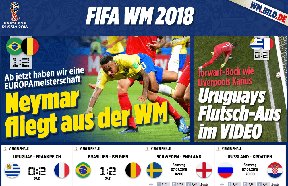 El diario alemán 
<i>Bild</i> excesivamente descriptivo: "Neymar sale volando de la Copa del Mundo".