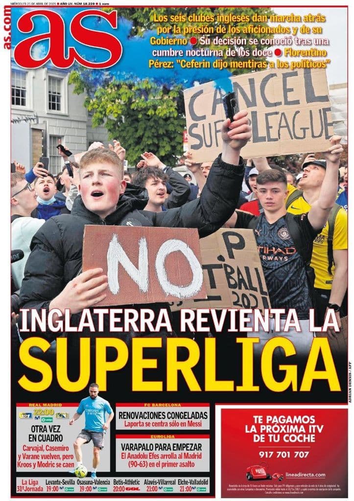 Tras varias horas de incertidumbre en el futbol europeo, el día de hoy se ha hecho oficial la suspensión del proyecto de la Superliga europea.