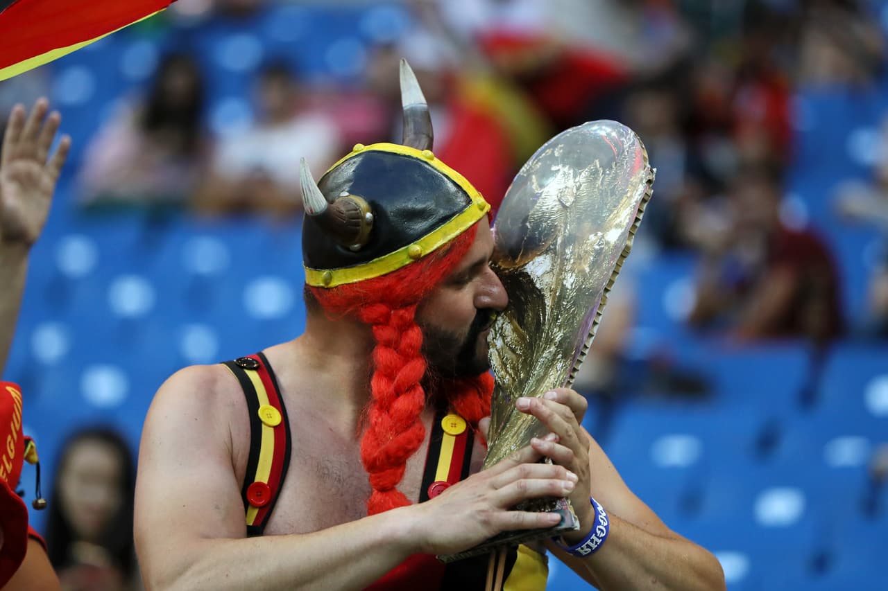 ROSTOV-ON-DON, RUSSIA - JULY 02: A Belgium fan enjoys the pre match atmosphere prior to the 2018 FIFA World Cup Russia Round of 16 match between Belgium and Japan at Rostov Arena on July 2, 2018 in Rostov-on-Don, Russia. (Photo by Kevin C. Cox/Getty Images)