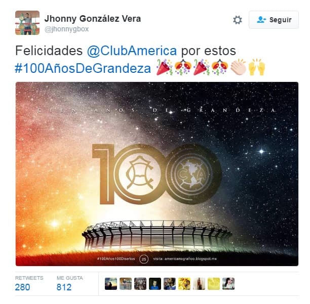 América cumple 100 años de existencia, por lo que diferentes equipos y personajes del medio futbolístico felicitaron a la institución. 
<br>Y��w�>|!��