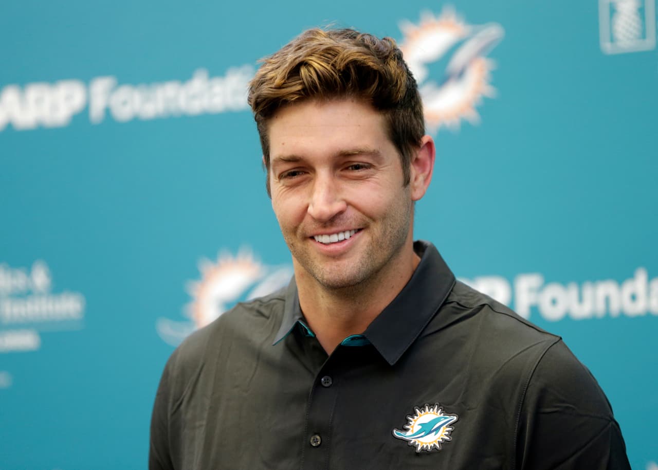 New Miami Dolphins quarterback Jay Cutler speaks at a news conference during an NFL football training camp, Monday, Aug. 7, 2017, in Davie, Fla. Cutler has agreed to terms on a $1 million, one-year contract, as starting quarterback Ryan Tannehill remains out with a left knee injury. (AP Photo/Lynne Sladky)