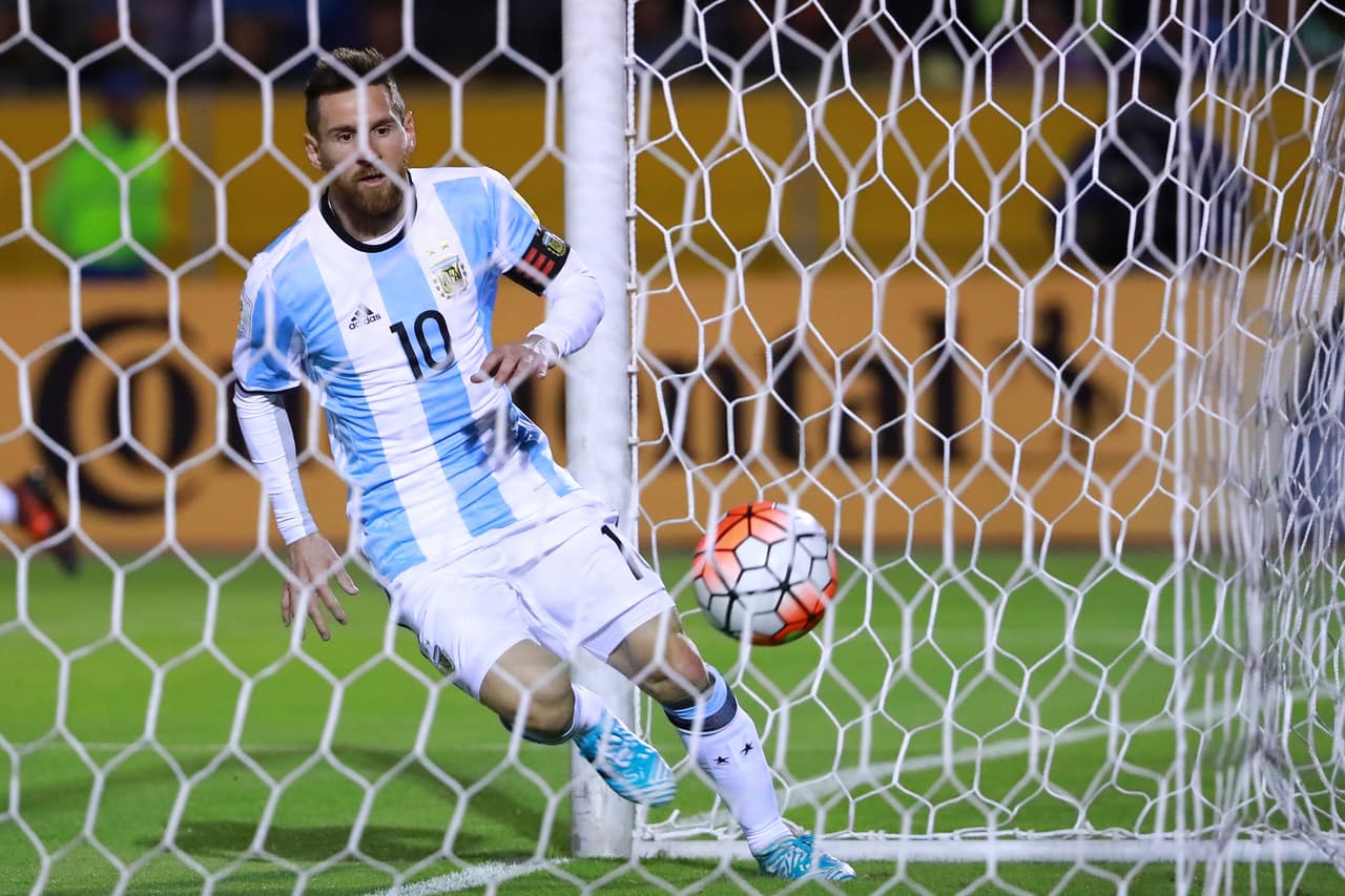 QUITO, ECUADOR - OCTOBER 10: Lionel Messi of Argentina celebrates after scoring the first goal of his team during a match between Ecuador and Argentina as part of FIFA 2018 World Cup Qualifiers at Olimpico Atahualpa Stadium on October 10, 2017 in Quito, Ecuador. (Photo by Hector Vivas/Getty Images)