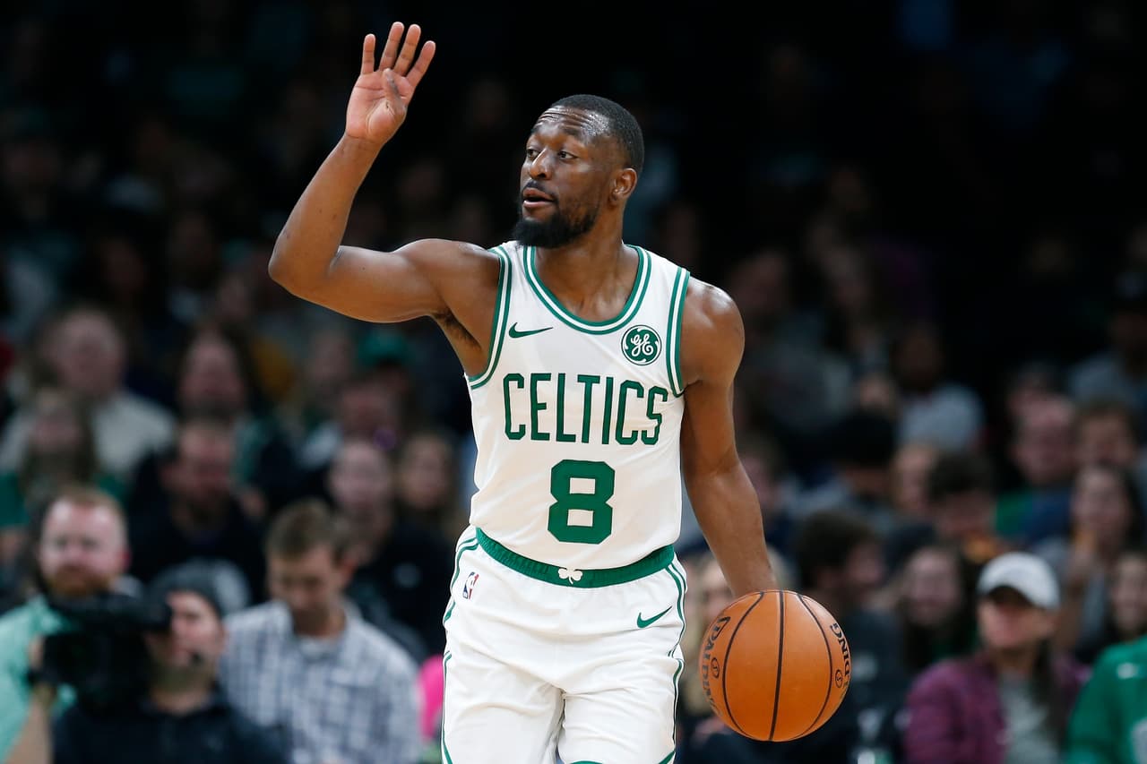 Boston Celtics' Kemba Walker (8) plays against the Charlotte Hornets during the first half of a preseason NBA basketball game in Boston, Sunday, Oct. 6, 2019. (AP Photo/Michael Dwyer)
