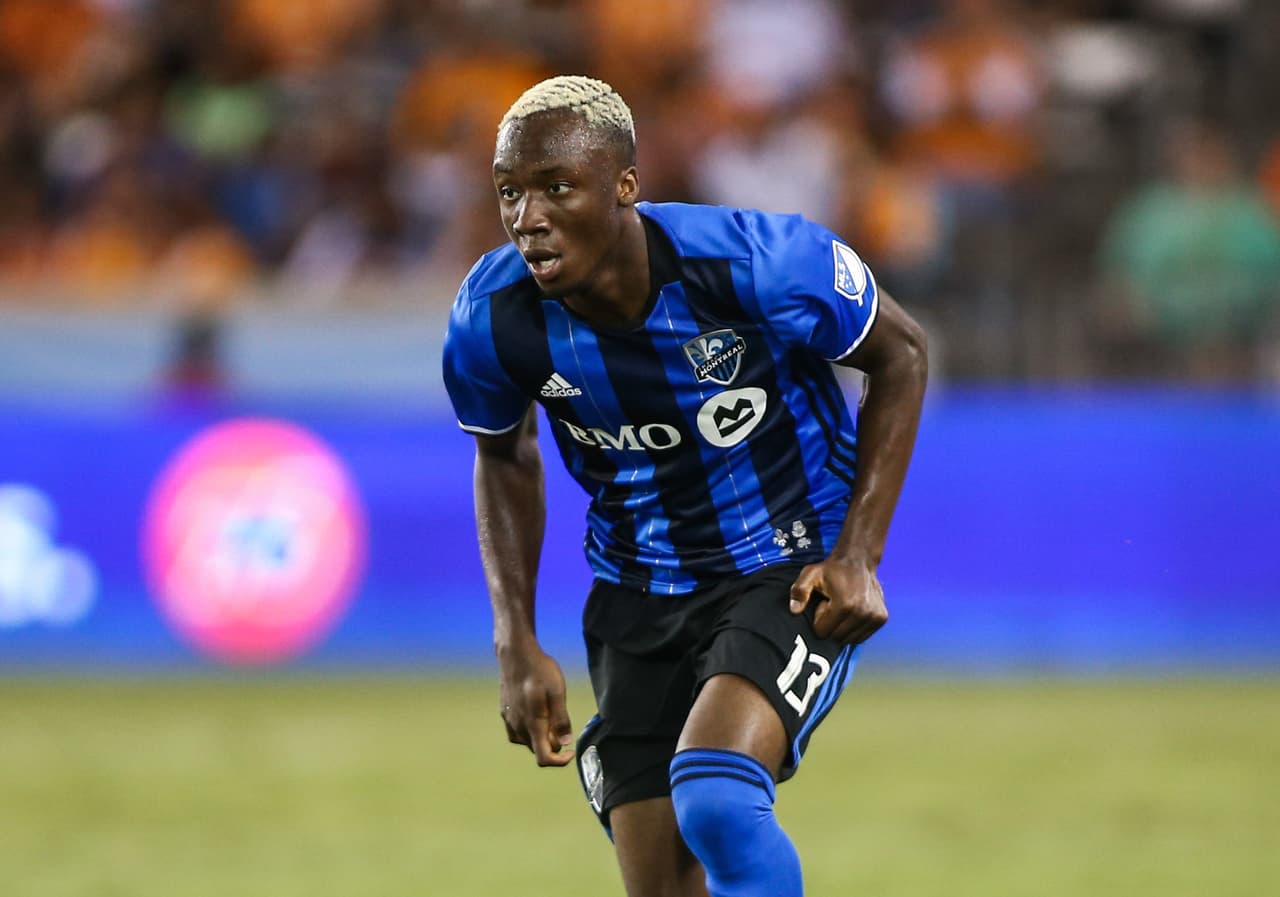 Jul 5, 2017; Houston, TX, USA; Montreal Impact midfielder Ballou Jean-Yves Tabla (13) controls the ball during the game against the Houston Dynamo at BBVA Compass Stadium. Mandatory Credit: Troy Taormina-USA TODAY Sports