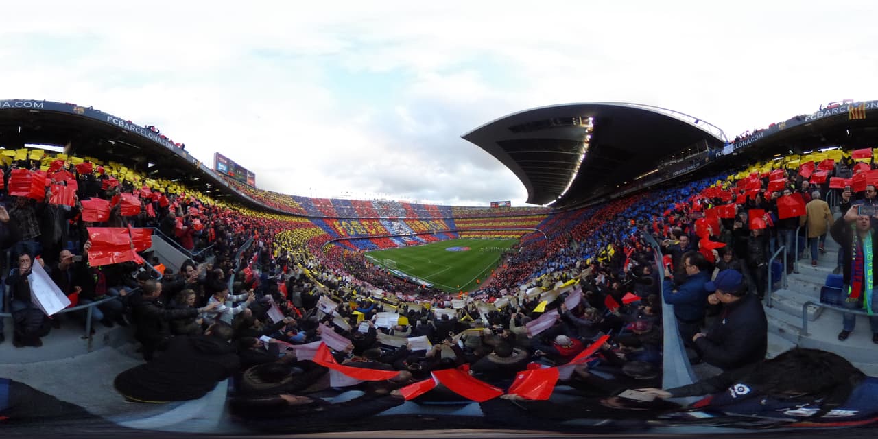 BARCELONA, SPAIN - DECEMBER 03: (EDITOR'S NOTE: Image was created as an Equirectangular Panorama. Import image into a panoramic player to create an interactive 360 degree view.) A general view of the stadium prior to the La Liga match between FC Barcelona and Real Madrid CF at Camp Nou on December 3, 2016 in Barcelona, Spain. (Photo by David Ramos/Getty Images)