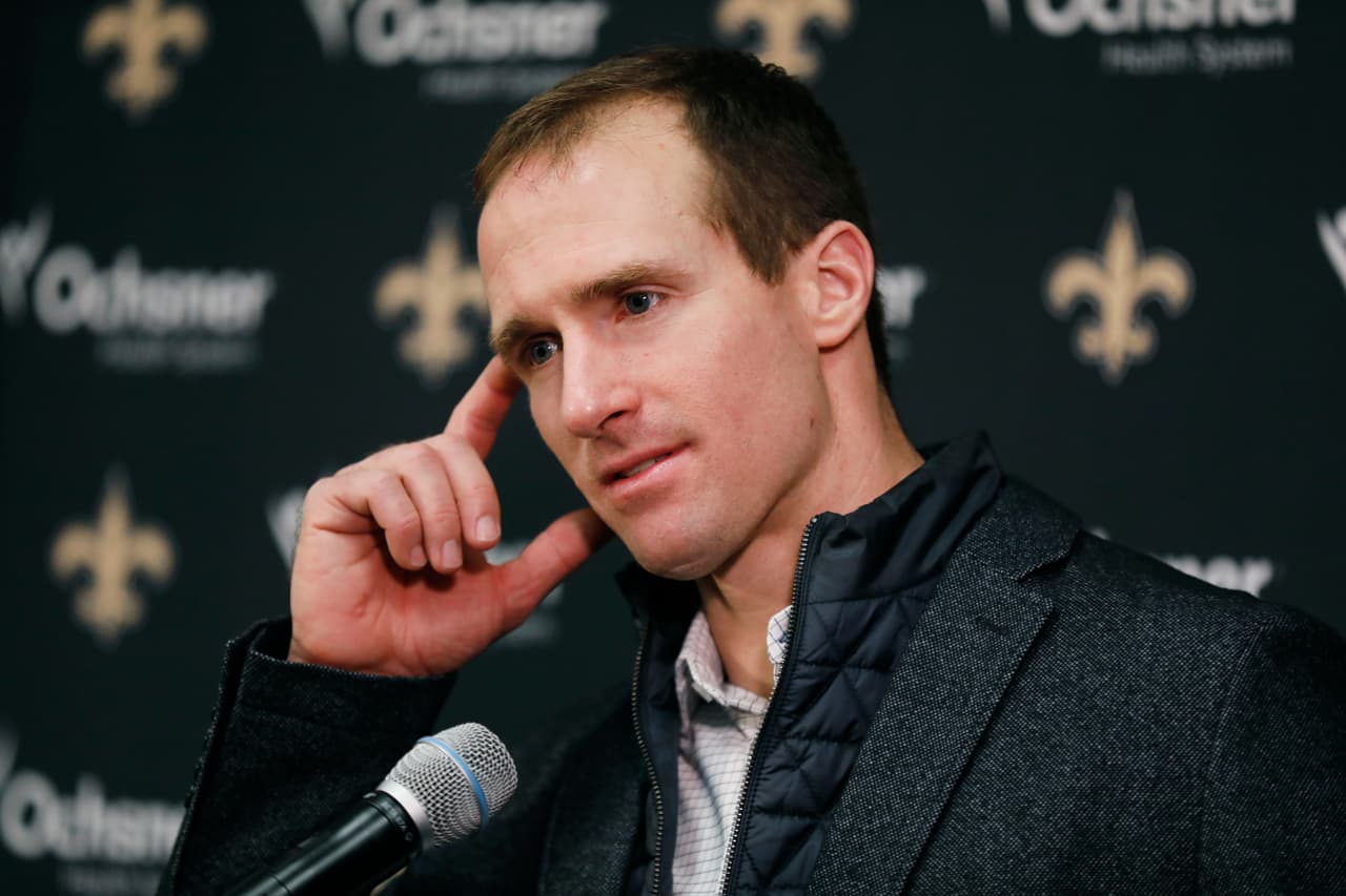 New Orleans Saints quarterback Drew Brees takes part in a news conference following an NFL divisional football playoff game in Minneapolis, Sunday, Jan. 14, 2018. The Vikings defeated the Saints 29-24. (AP Photo/Charlie Neibergall)