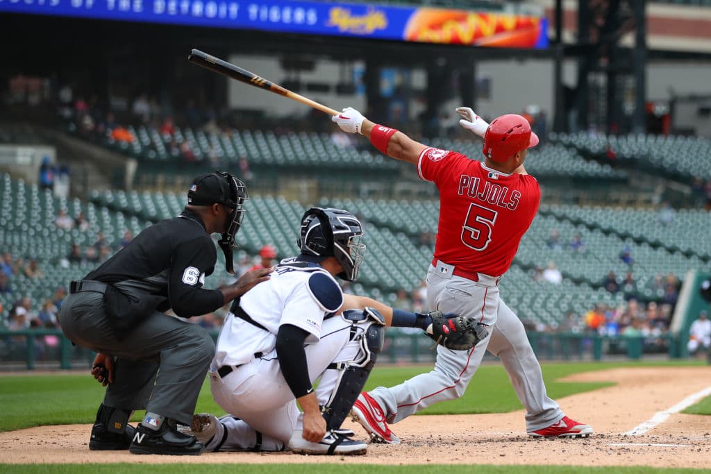 DETROIT, MICHIGAN - MAY 09: Albert Pujols #5 of the Los Angeles Angels watches third inning solo home run to reach 2000 career RBI's while playing the Detroit Tigers at Comerica Park on May 09, 2019 in Detroit, Michigan. (Photo by Gregory Shamus/Getty Images)